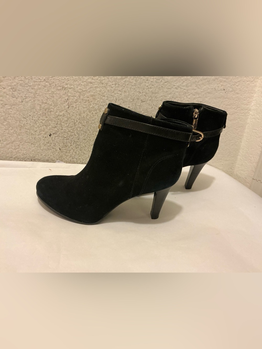 Tory Burch Patricia Black Suede Ankle Booties with Gold Accent